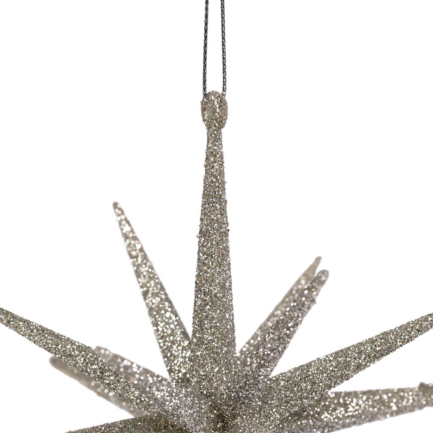 Sparkling Glitter Starburst Hanging Christmas Ornament - 6" - Silver