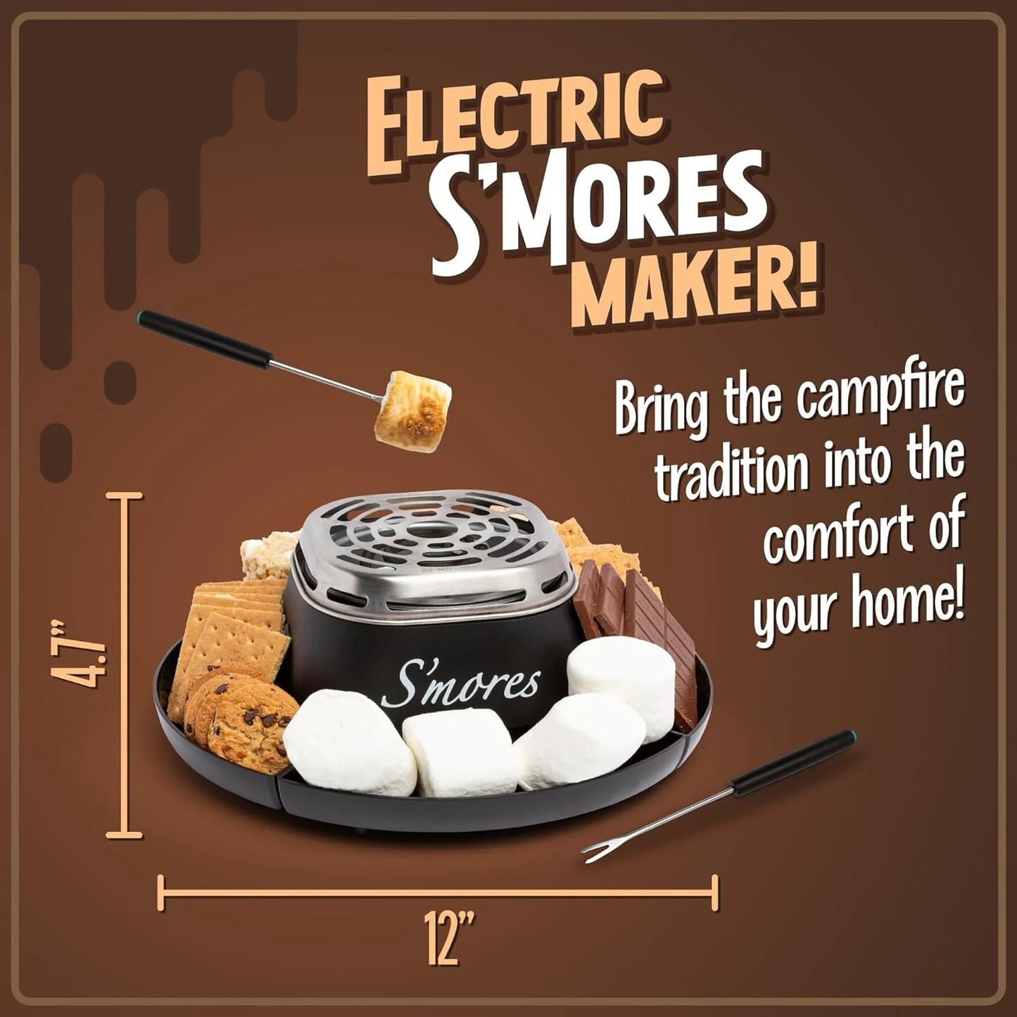 Indoor Electric Smores Maker Smores Kit with 4 Marshmallows Roasting Forks, Brown