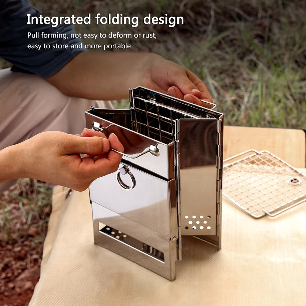 Mini Outdoor Firewood Stove Portable Camping Picnic BBQ Travel Folding Stainless Steel Wood Stove Charcoal Cooking Grill