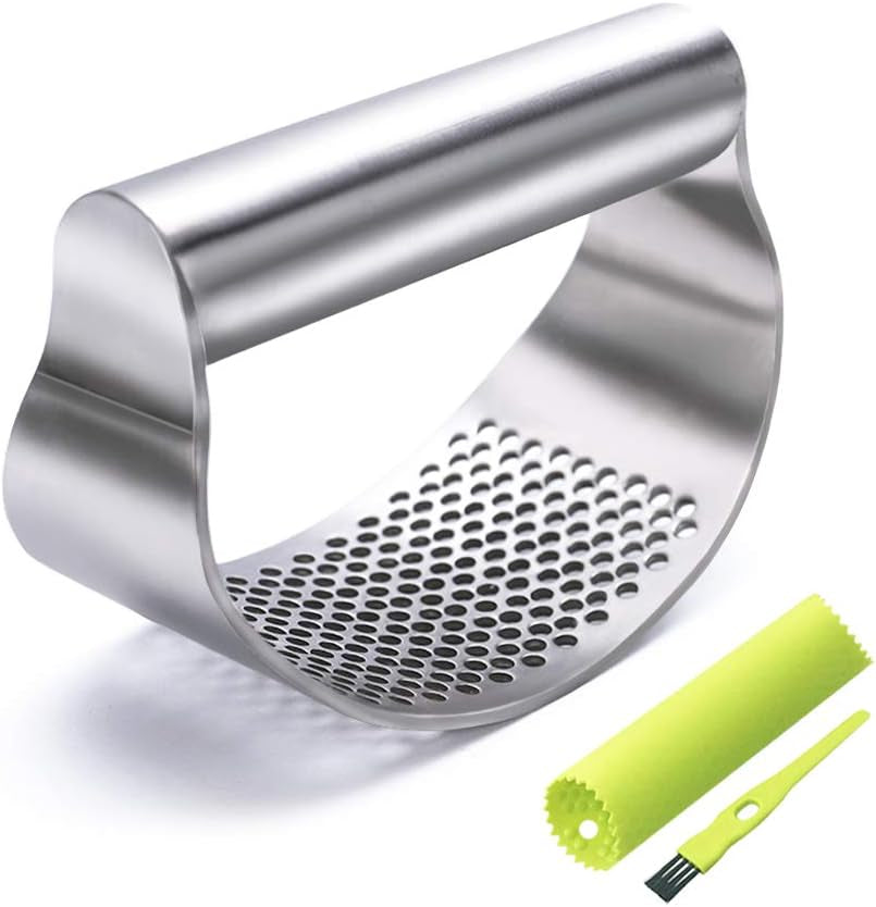 Garlic Press Rocker, Stainless Steel Garlic Crusher, Dishwasher Safe, Ergonomic Handle Garlic Chopper with Silicone Peeler and Cleaning Brush, Rust Proof Garlic Mincer Tool for Kitchen Gadgets