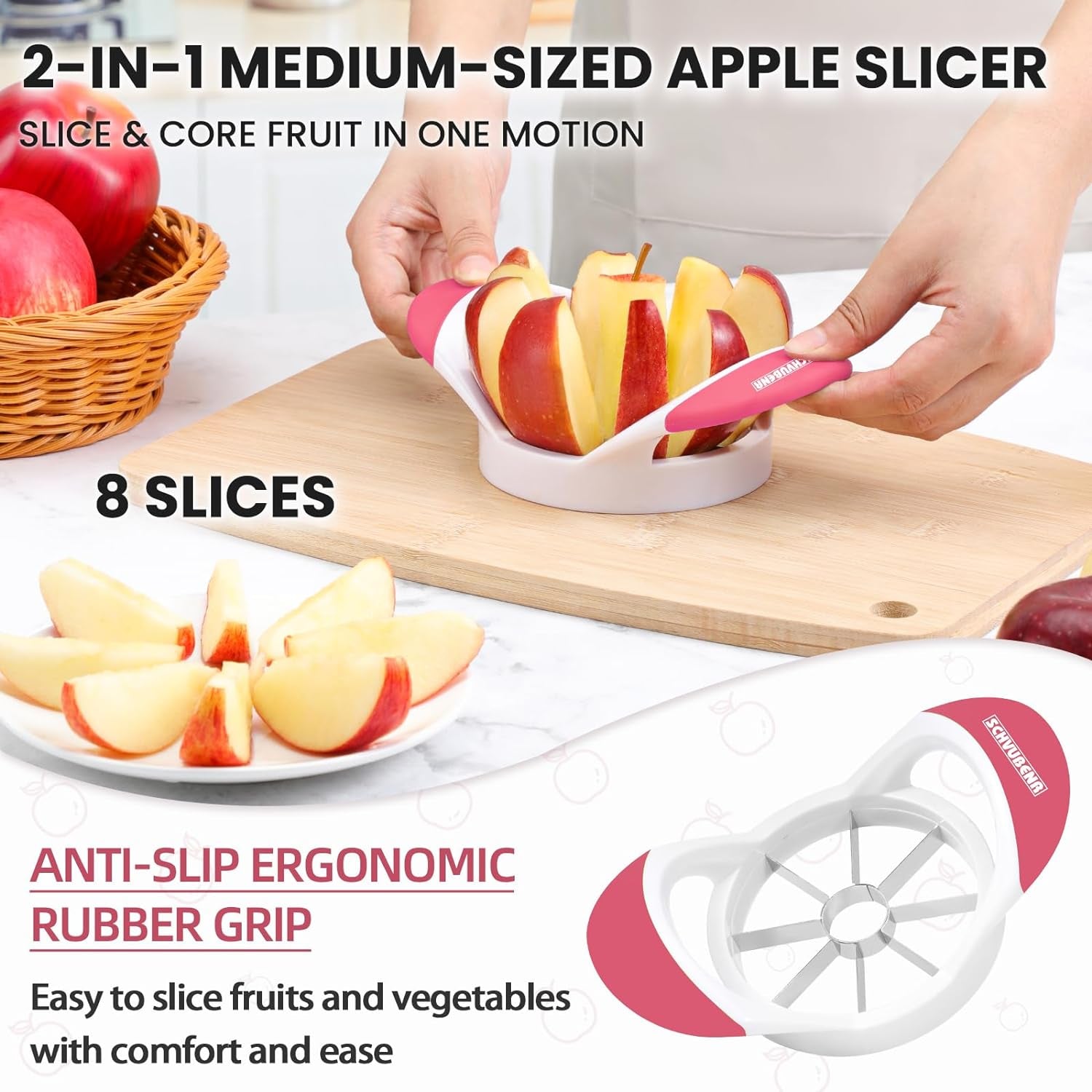 3.5 Inch Apple Slicer - Professional Apple Cutter - Stainless Steel Apple Corer - Super Sharp Apple Slicer and Corer - Apple Corer Tool with 8 Sharp Blades(Pink)