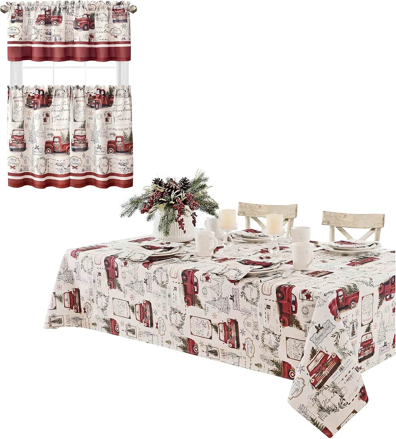 Pine Hill Christmas Tree Farm Fabric Holiday Tablecloth - Nostalgic Retro Christmas Farm Truck Print No Iron and Stain Resistant Fabric Tablecloth, 52” X 70” Oblong/Rectangle